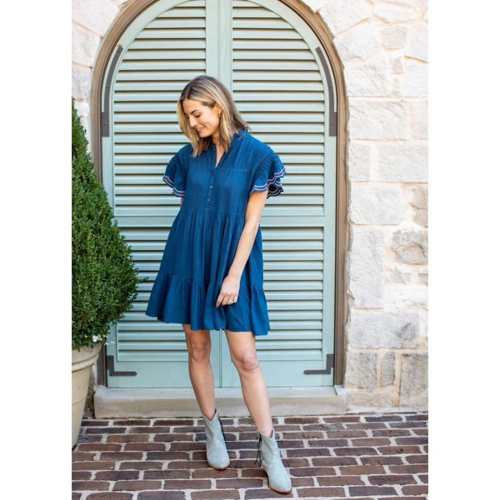 BAYBALA Marine Blue Ruffle Sleeve Gemma Dress XS Coastal Cottage Prairie Modest